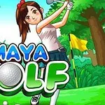 Nuori nainen lyö golflyöntiä viidakkomaisemassa, taustalla näkyy maya-tyylisiä rakenteita ja teksti Maya Golf