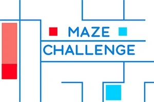 Sinivalkoinen sokkelokuvio, jossa on teksti Maze Challenge ja punaisia sekä sinisiä neliöitä