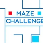 Sinivalkoinen sokkelokuvio, jossa on teksti Maze Challenge ja punaisia sekä sinisiä neliöitä