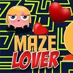 Kuvassa on kaksi piirroshahmoa sokkelotaustalla; toinen on keltainen ja pyöreä, toinen vaaleanpunainen, sekä kaksi punaista sydäntä ja sanat MAZE LOVER