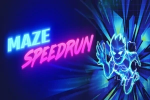 Värikäs neon-valoteema, jossa lukee MAZE SPEEDRUN ja futuristinen hahmo juoksemassa vauhdikkaasti