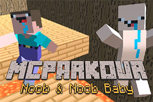 Kaksi lohkoista hahmoa juoksemassa laavojen päällä puupinnoilla; etualalla teksti MCPARKOUR Noob & Noob Baby