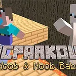 Kaksi lohkoista hahmoa juoksemassa laavojen päällä puupinnoilla; etualalla teksti MCPARKOUR Noob & Noob Baby