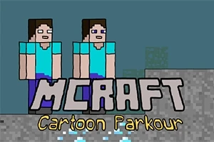 Kaksi pikselihahmoa seisoo harmaalla alustalla taustalla ja teksti MCRAFT Cartoon Parkour näkyy etualalla