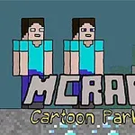 Kaksi pikselihahmoa seisoo harmaalla alustalla taustalla ja teksti MCRAFT Cartoon Parkour näkyy etualalla