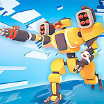 Kuvassa on kirkkaan kelta-musta robotti, jolla on pyöreitä ampumoja, lentämässä sinisen taustan edessä yhdessä pienempien robottilaitteiden kanssa