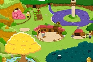 Värikäs maisema, jossa on pieni kylä, keltainen puu, violetti joki ja vaaleanpunainen dinosaurus kallion edessä