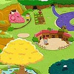 Värikäs maisema, jossa on pieni kylä, keltainen puu, violetti joki ja vaaleanpunainen dinosaurus kallion edessä