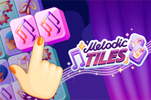 Sormella osoitetaan kahta violettia nuottikuviolla varustettua laattaa, ja taustalla on violetti verho sekä teksti Melodic Tiles