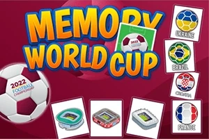 Teksti Memory World Cup jalkapalloteemaisella taustalla, jalkapallo ja kuvat stadionista sekä eri maiden lipuista