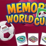 Teksti Memory World Cup jalkapalloteemaisella taustalla, jalkapallo ja kuvat stadionista sekä eri maiden lipuista