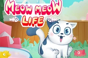 Sarjakuvatyylinen kuva, jossa on iloinen valkoinen ja harmaa kissa värikkäällä taustalla ja yläosassa pinkki teksti Meow Meow Life
