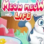 Sarjakuvatyylinen kuva, jossa on iloinen valkoinen ja harmaa kissa värikkäällä taustalla ja yläosassa pinkki teksti Meow Meow Life