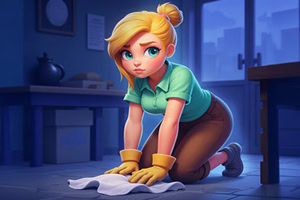 Merge Haven Vaaleahiuksinen hahmo polvistuneena lattialle, pyyhkien sitÀ kÀsineet kÀdessÀÀn