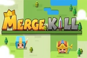 Kuvassa on sana MERGE KILL isoilla kirjaimilla, joiden ympärillä on värikkäitä pikselihahmoja ja pieniä puita