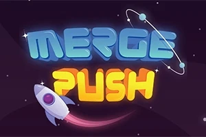 Avaruusteemainen kuva, jossa on teksti MERGE PUSH neonväreissä ja pieni raketti, joka lentää tähdillä koristellussa avaruudessa