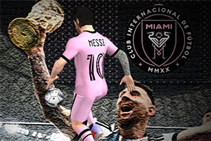 Pelaaja pinkissä jalkapallopuvussa keskellä, taustalla suuri jalkapallopokaali ja logo, jossa lukee Club Internacional de Fútbol Miami