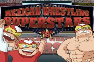 Kolme hahmoa värikkäissä meksikolaisissa painiasuissa suuren kyltin edessä, jossa lukee Mexican Wrestling Superstars