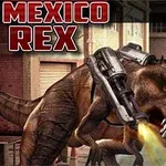 Tyrannosaurus rex, jolla on konekivääri selässään, kävelee kaupunkimaisemassa