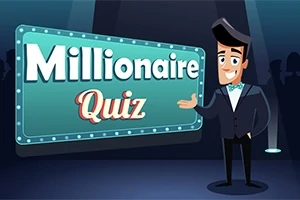 Animoitu mieshahmo viittaa valotauluun tekstillä Millionaire Quiz, taustalla tumma lavatunnelma