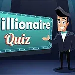 Animoitu mieshahmo viittaa valotauluun tekstillä Millionaire Quiz, taustalla tumma lavatunnelma
