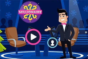 Tumma pukumies vaaleanpunaisella rusetilla seisoo hymyillen tv-studion lavalla, vieressään kaksi tuolia ja Millionaire -kyltti