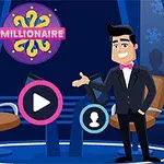Tumma pukumies vaaleanpunaisella rusetilla seisoo hymyillen tv-studion lavalla, vieressään kaksi tuolia ja Millionaire -kyltti