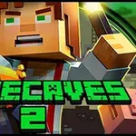 Hahmo pitelee palavaa soihtua ja kultaharkkoja kädessään, taustalla vihreää ja ruskeaa pikseligrafiikkaa; alareunassa vihreä teksti MINECAVES 2
