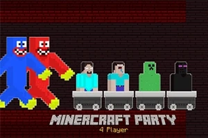 Kaksi värikästä hahmoa ja neljä erilaista hahmoa kaivosvaunuissa tekstin MINERCRAFT PARTY kanssa