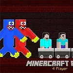 Kaksi värikästä hahmoa ja neljä erilaista hahmoa kaivosvaunuissa tekstin MINERCRAFT PARTY kanssa