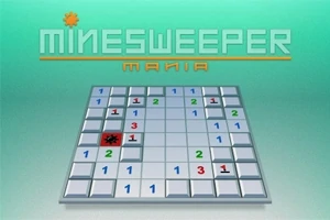 Pelikenttä, jossa on numerot ja pommi pilkottain näkyvissä, taustalla vihreä liukuväri ja yläosassa teksti MINESWEEPER MANIA