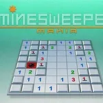 Pelikenttä, jossa on numerot ja pommi pilkottain näkyvissä, taustalla vihreä liukuväri ja yläosassa teksti MINESWEEPER MANIA