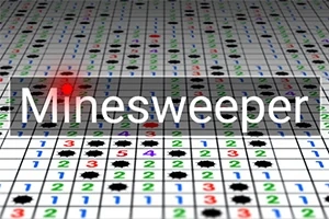 Ruudukko, jossa on numeroita ja mustia kuvioita, punaisella korostettu kohta ja teksti Minesweeper