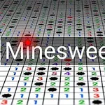 Ruudukko, jossa on numeroita ja mustia kuvioita, punaisella korostettu kohta ja teksti Minesweeper