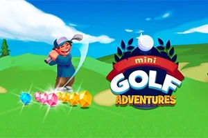 Piirros golf-pelistä, jossa on iloinen golfia pelaava hahmo, jalokiviä ja Mini Golf Adventures -teksti