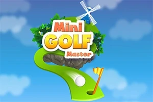 Minigolf-aiheinen kuva, jossa on vihreä rata, golfpallo, lippu, tuulimylly ja värikkäät tekstit sinistä taustaa vasten