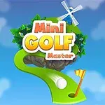 Minigolf-aiheinen kuva, jossa on vihreä rata, golfpallo, lippu, tuulimylly ja värikkäät tekstit sinistä taustaa vasten