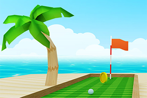 Palmu ja minigolf-rata, jossa on lippu, pallo ja kolikko, meren rannalla kirkkaassa säässä