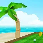 Palmu ja minigolf-rata, jossa on lippu, pallo ja kolikko, meren rannalla kirkkaassa säässä