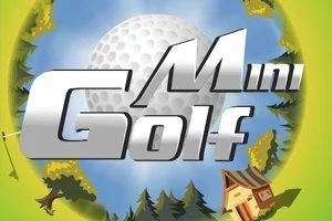 Tekstissä lukee Mini Golf ja taustalla on suuri golfpallo kirkasta taivasta vasten, ympärillä metsää ja pieni talo