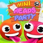 Kaksi värikästä hahmoa hymyilevät leveästi puiston taustalla, joissa on teksti Mini Heads Party ja kokin hattu