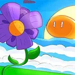 Värikäs maisema, jossa on iso violetti kukka ja suuri keltainen aurinko kasvoilla pilvien ja sinisen taivaan taustalla