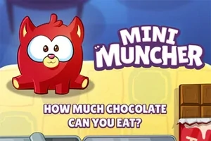 Punainen piirretty hahmo, sininen tausta, viereinen teksti sisältää otsikon Mini Muncher