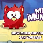 Punainen piirretty hahmo, sininen tausta, viereinen teksti sisältää otsikon Mini Muncher