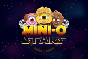 Mini-O Stars -teksti näyttävässä typografiassa, taustalla kolme yksisilmäistä hahmoa avaruudessa