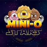Mini-O Stars -teksti näyttävässä typografiassa, taustalla kolme yksisilmäistä hahmoa avaruudessa