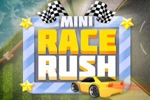 Sinisessä kehyksessä lukee Mini Race Rush, yläosassa on kaksi ruudullista lippua, ja alakulmassa näkyy keltainen auto