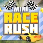 Sinisessä kehyksessä lukee Mini Race Rush, yläosassa on kaksi ruudullista lippua, ja alakulmassa näkyy keltainen auto