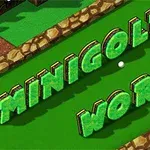 Vihreä teksti MINIGOLF WORLD kivireunuksella, taustalla minigolfrata ja valkoinen pallo