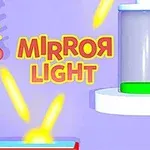 Mirror Light Yksinkertainen värikäs grafiikka, jossa on teksti Mirror Light ja kirkkaita valonsäteitä violetilla taustalla
